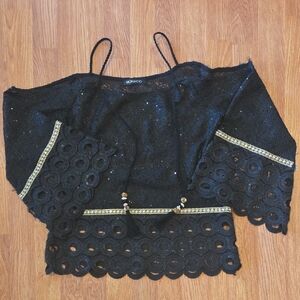 Monaco Blouse S Black and Gold Flared Sleeve Cold Shoulder